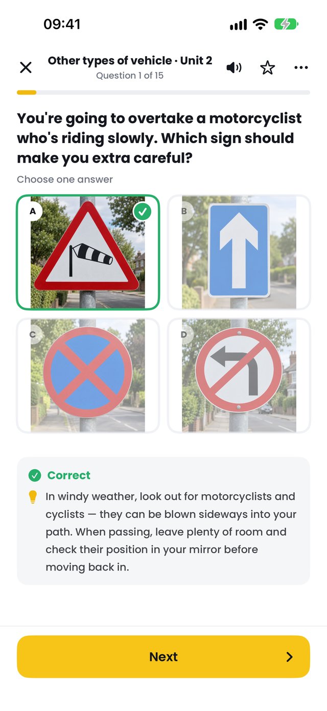 A road sign question answered correctly, with the explanation shown underneath.