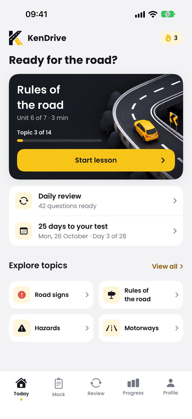 KenDrive Today screen: the next lesson, Rules of the road, with a Start lesson button, a daily review of 42 questions and a countdown to the test.